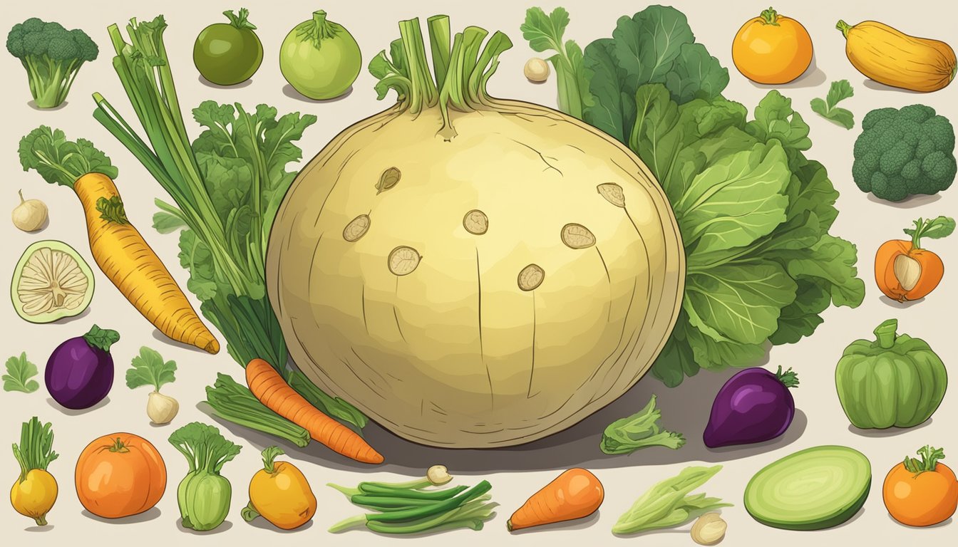 A rutabaga surrounded by a variety of fruits and vegetables, with a nutrition label in the background