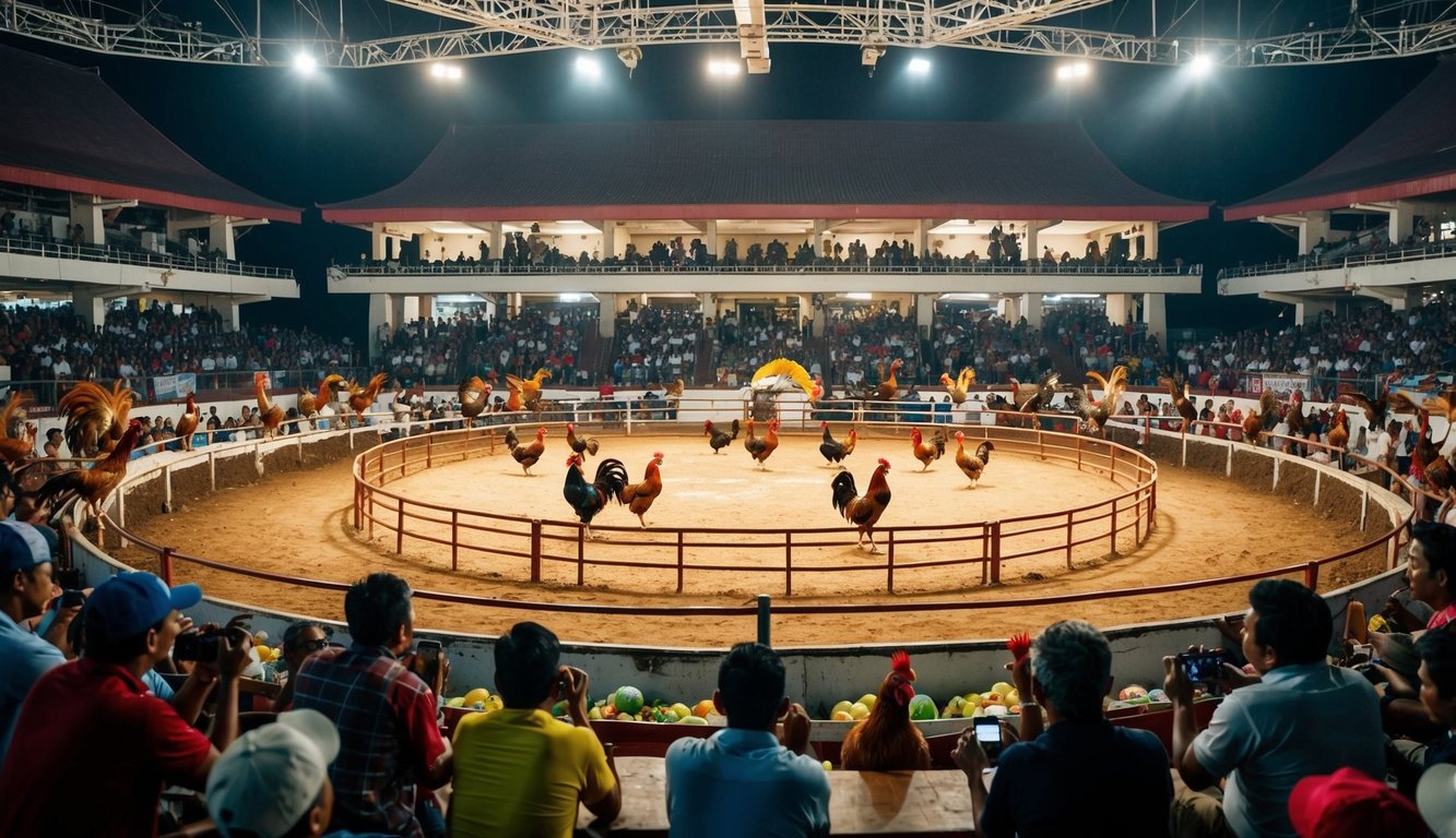 Sebuah arena sabung ayam Indonesia yang ramai dengan penonton yang bersorak dan ayam jantan berwarna-warni di tengah ring