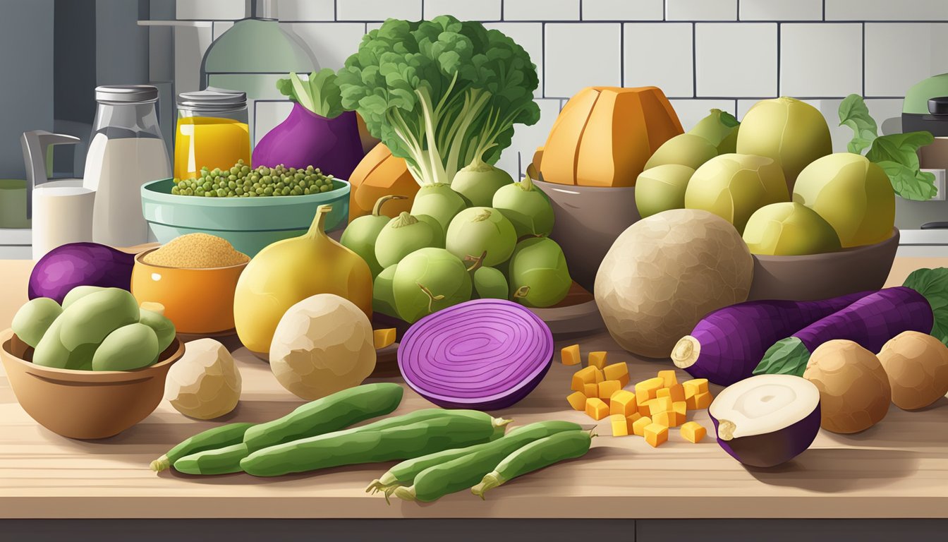 A colorful array of diabetes-friendly foods, including rutabaga, arranged on a kitchen counter