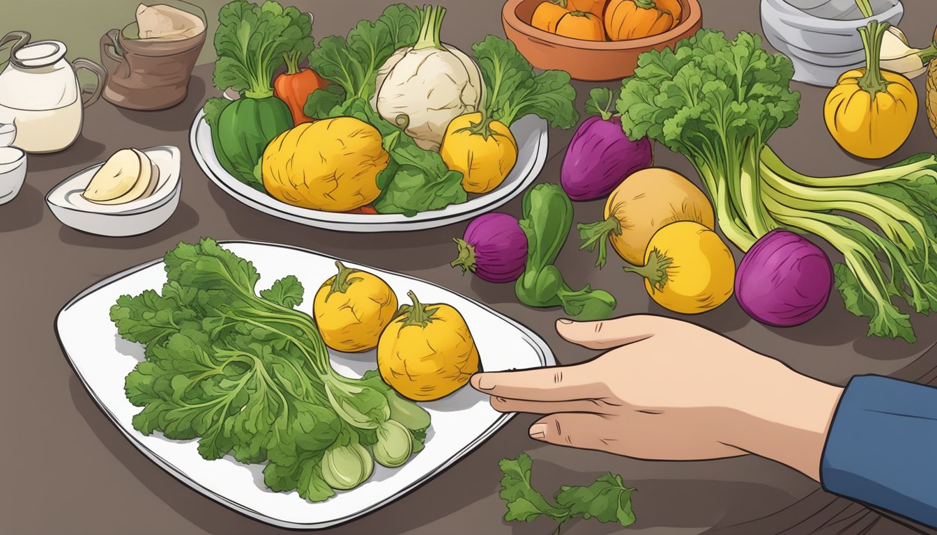 A dietician pointing to a variety of non-starchy vegetables, including rutabaga, on a table with a plate of healthy food