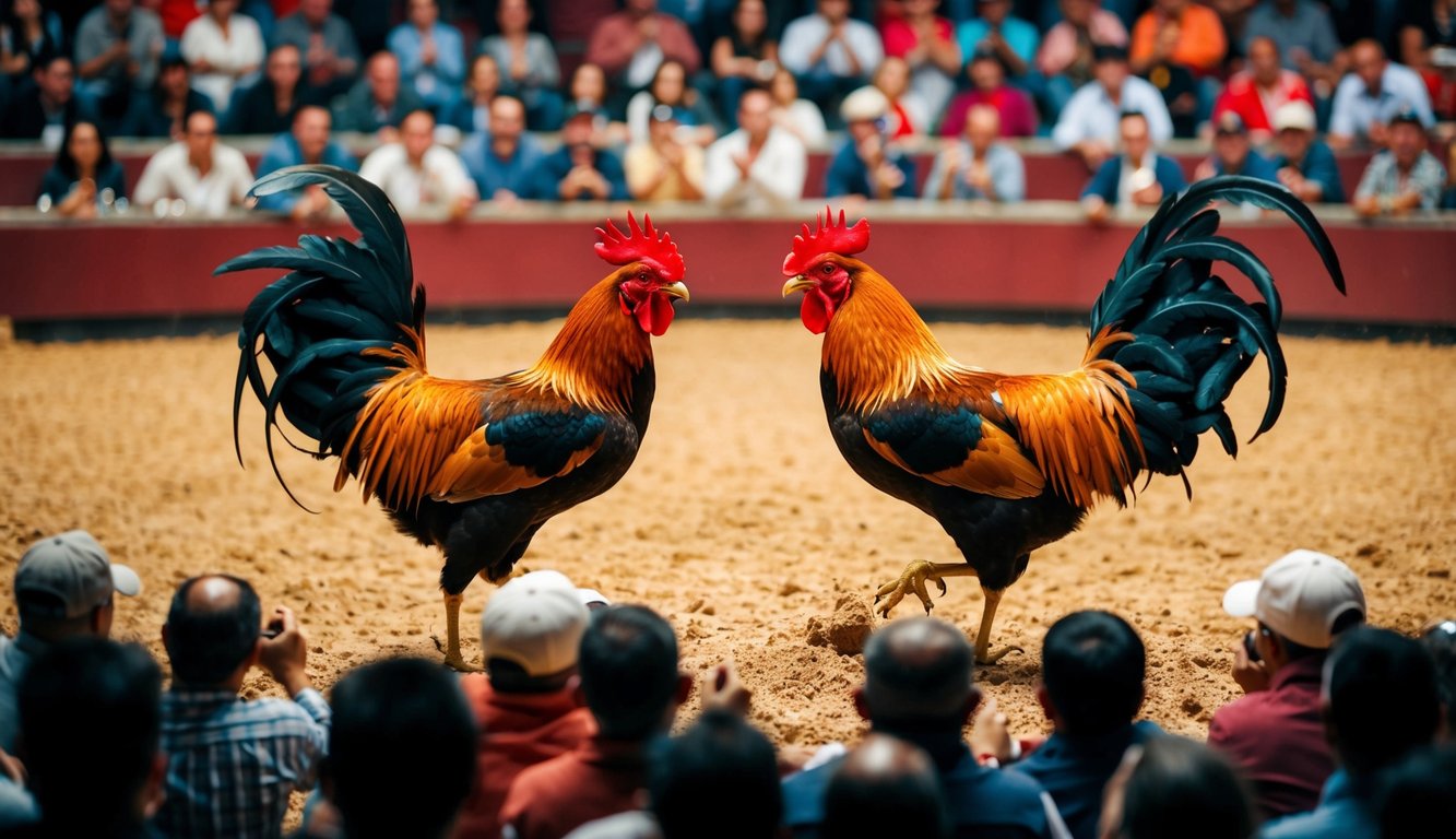 Sebuah arena yang ramai dengan dua ayam jantan yang berhadapan dalam pertarungan sengit, dikelilingi oleh penonton yang antusias bersorak dan memasang taruhan.