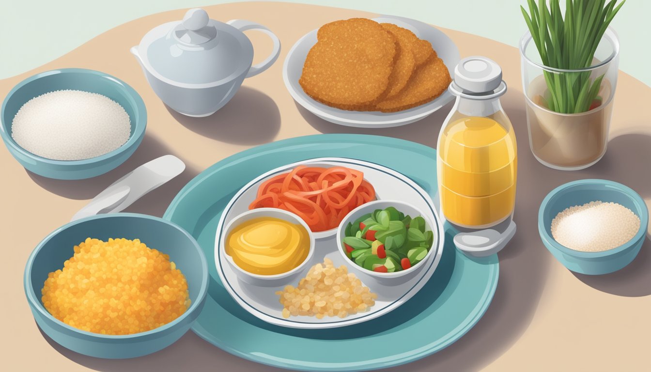 A table set with sugar-free condiments next to a plate of balanced diabetic-friendly meals