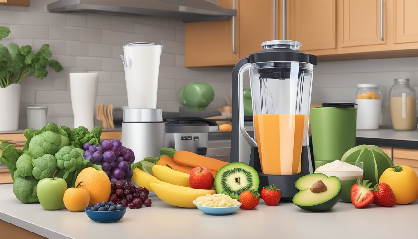 A colorful array of fruits, vegetables, and protein powder displayed on a kitchen counter next to a blender