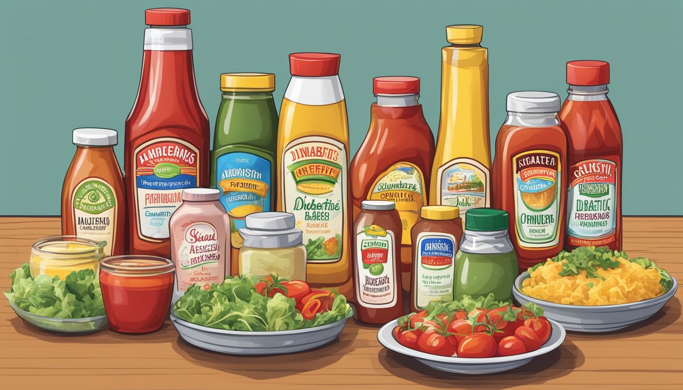 A table filled with various sugar-free condiments like ketchup, mustard, and salad dressings, with a "diabetic-friendly" label prominently displayed