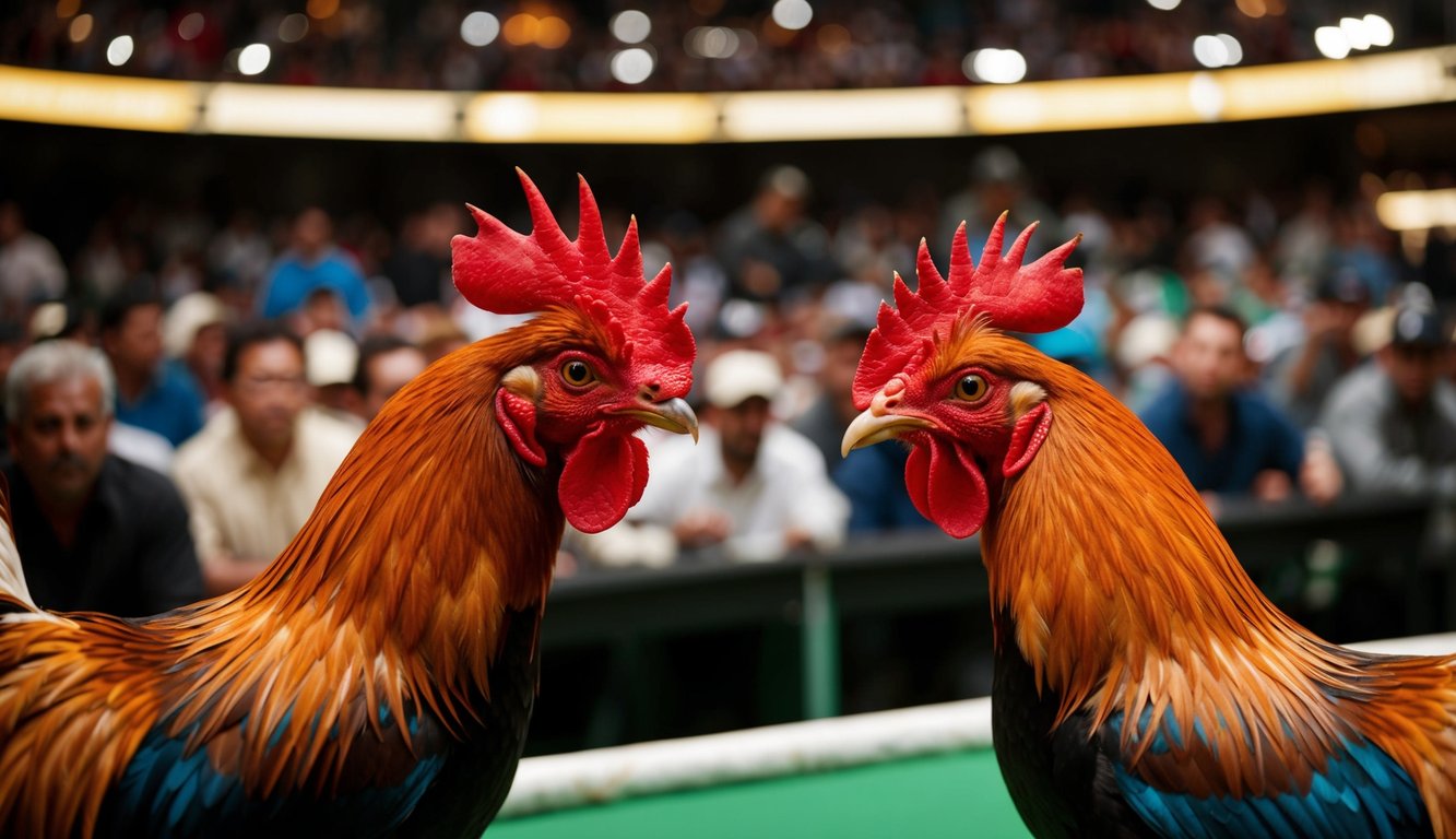 Dua ayam jantan berhadapan di arena sabung ayam online yang ramai. Penonton memasang taruhan saat pertandingan yang intens dimulai.