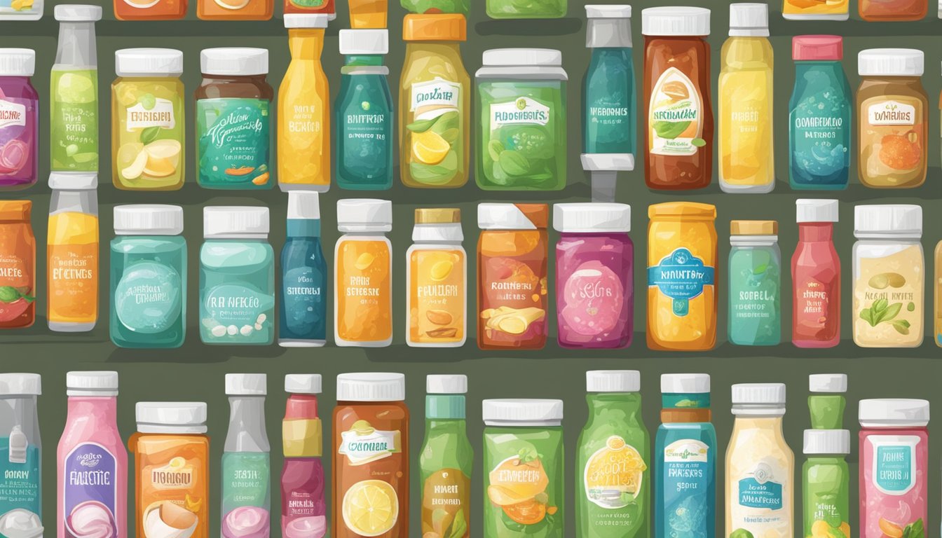 A kitchen counter with various sugar-free condiments and flavor enhancers arranged neatly in a row