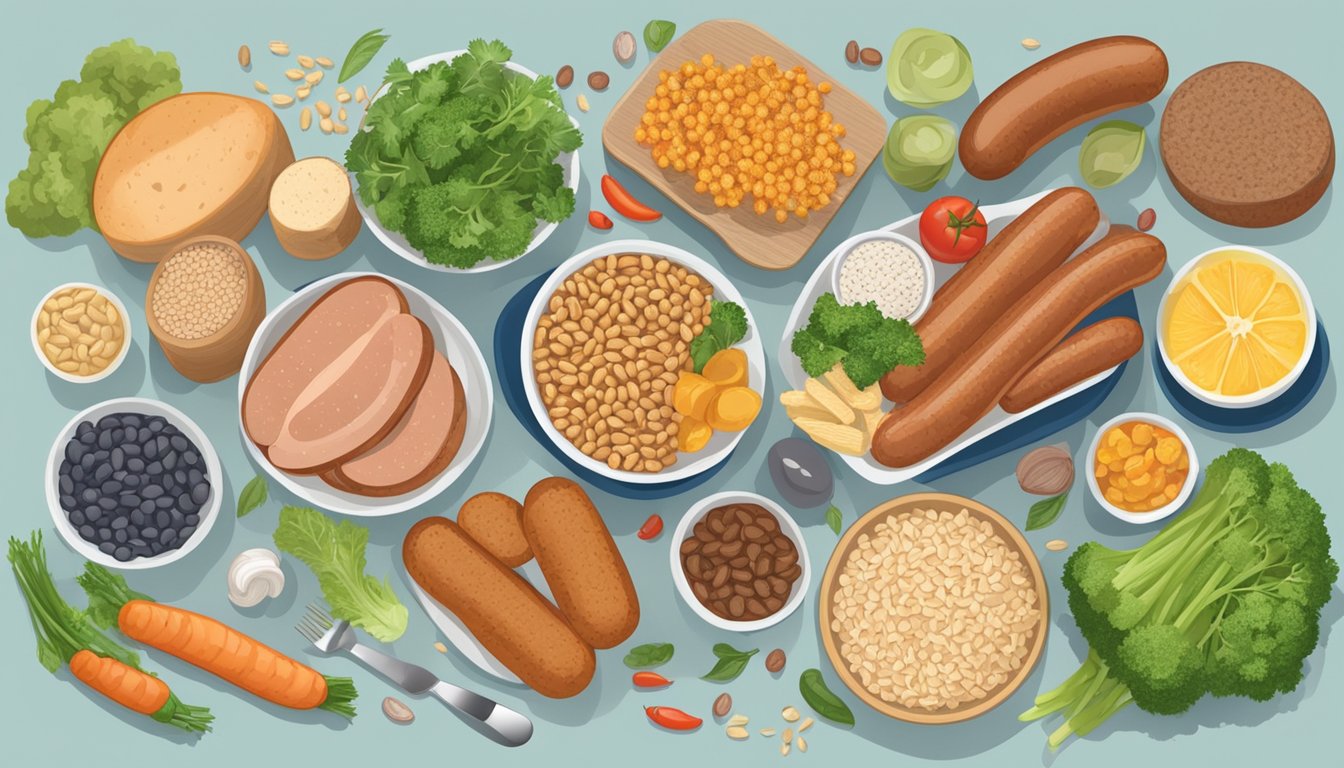 A plate with a variety of foods, including sausages, vegetables, and grains, with a "diabetes-friendly" label