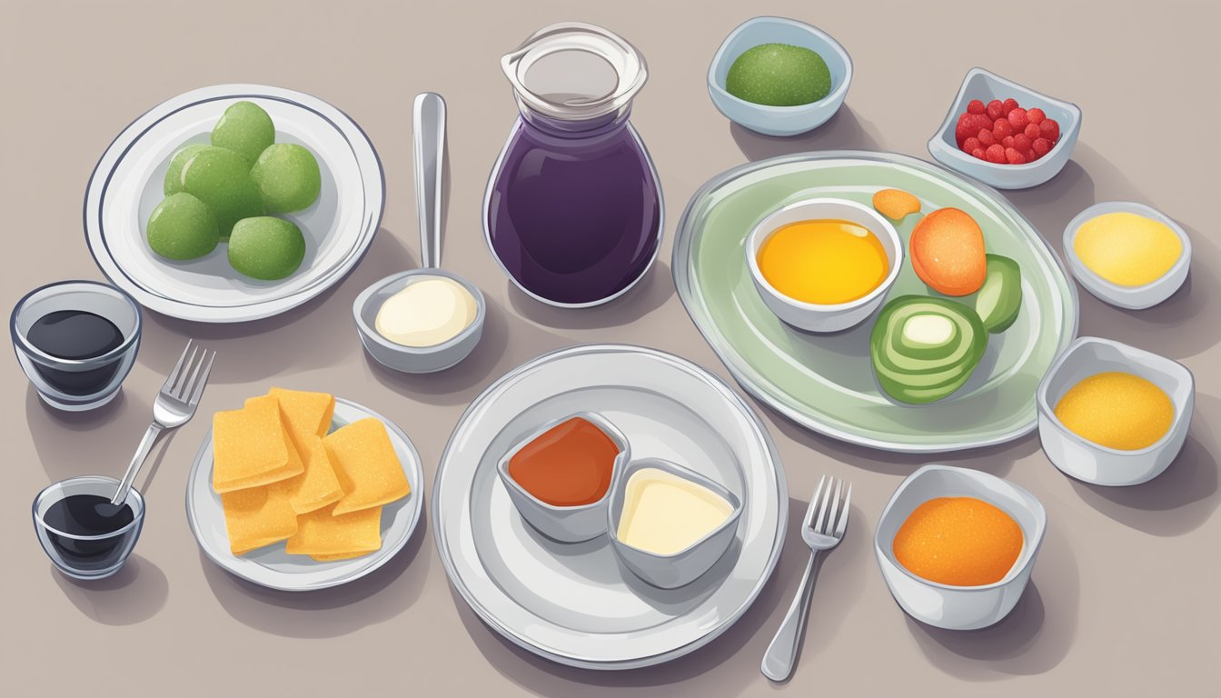 A table with various sugar-free condiments next to a plate of balanced portion sizes