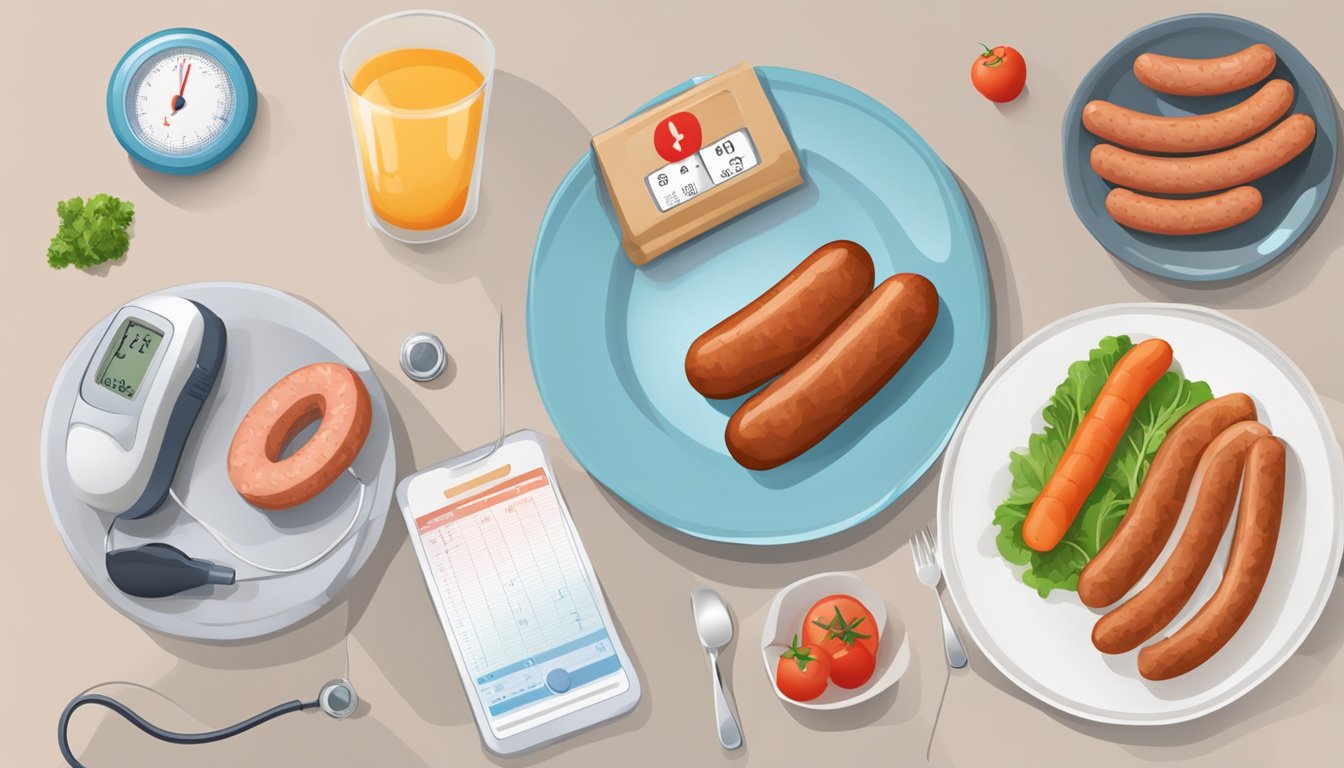 A plate with sausages, a nutritional label, and a red "no" symbol over a person with a diabetes monitor