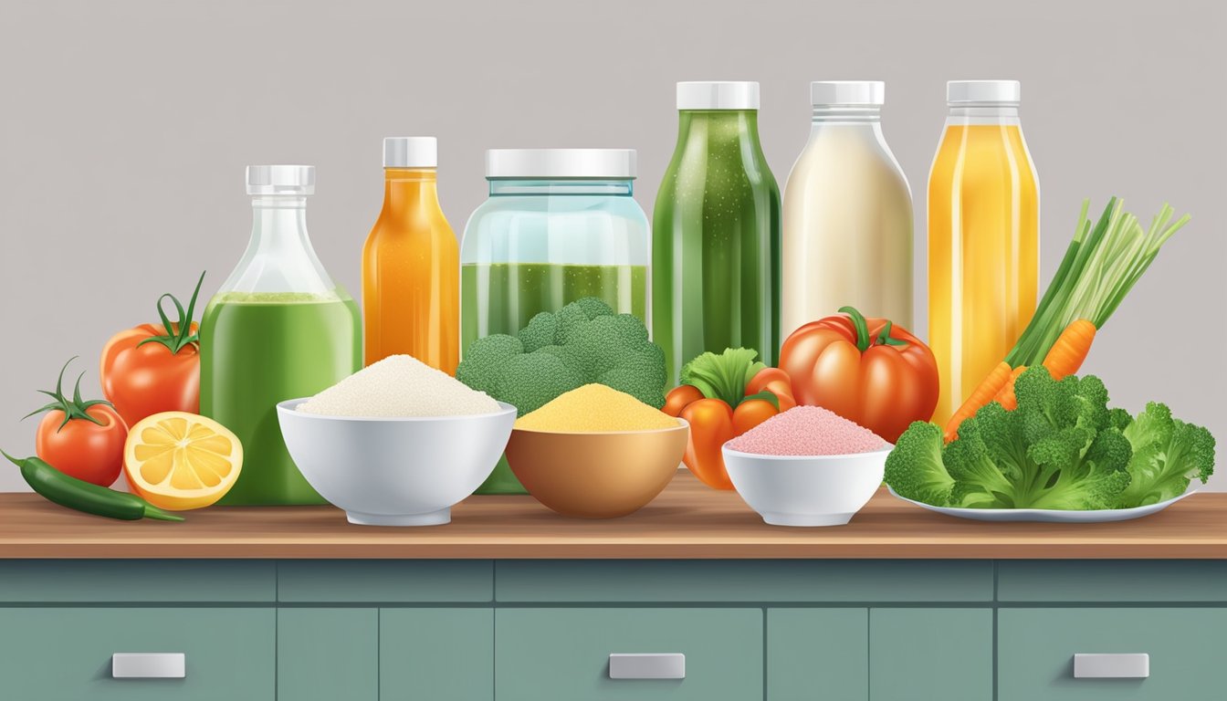 A kitchen counter with various sugar-free condiments and ingredients, including fresh vegetables and lean proteins, arranged neatly for cooking