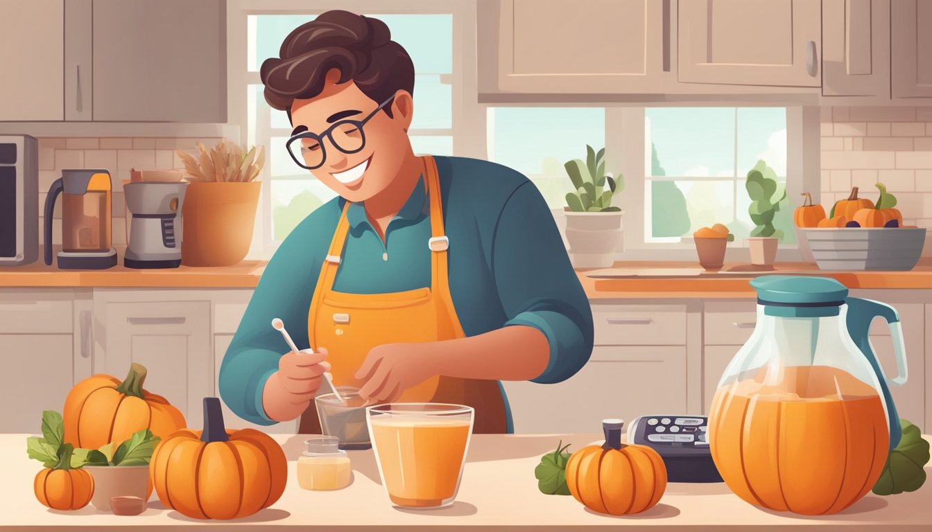 A person with diabetes happily preparing a pumpkin smoothie with low-sugar ingredients and measuring blood glucose levels