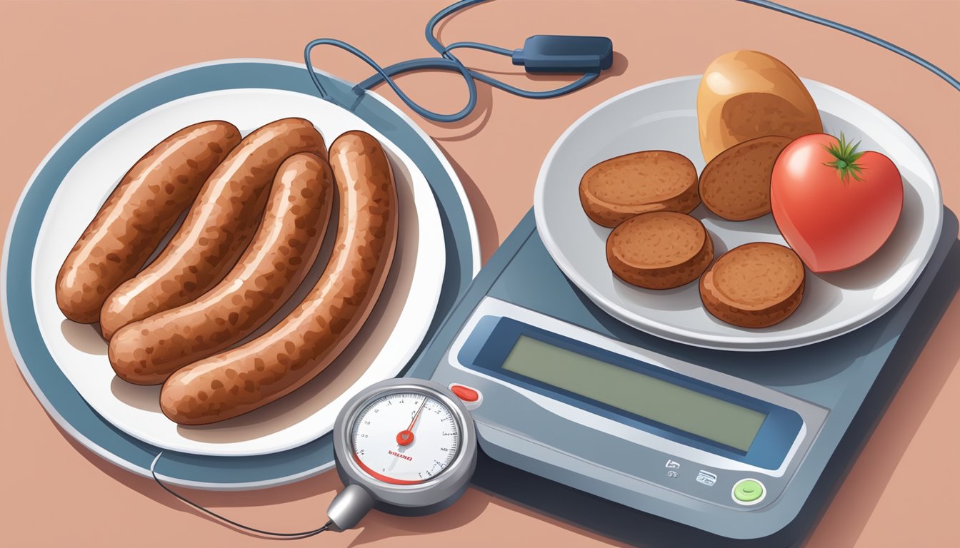 A plate of sausages next to a blood sugar monitor and a heart rate monitor