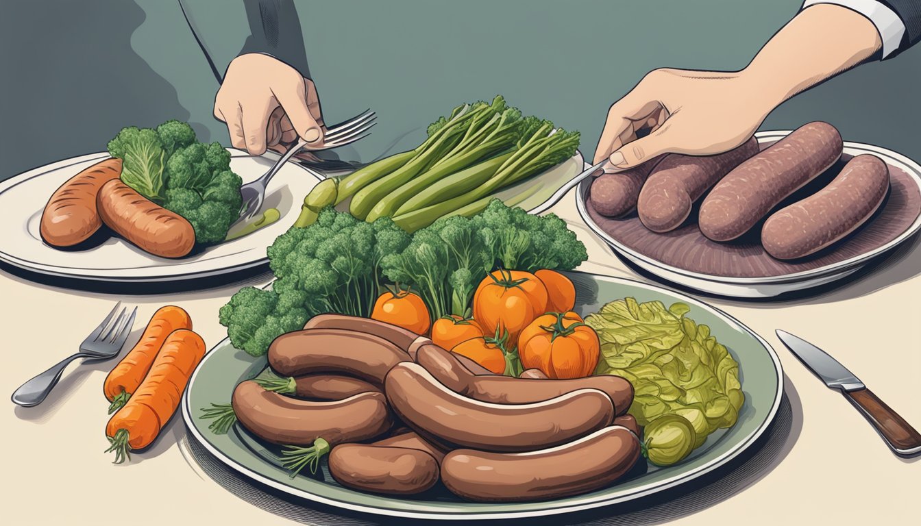 A person choosing between a plate of sausages and a plate of vegetables