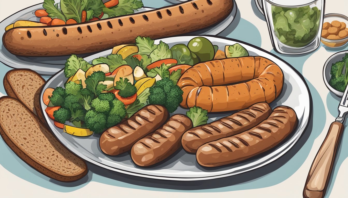 A plate with grilled sausages, vegetables, and a side of whole grain bread. A diabetic-friendly meal with dietary strategies in mind