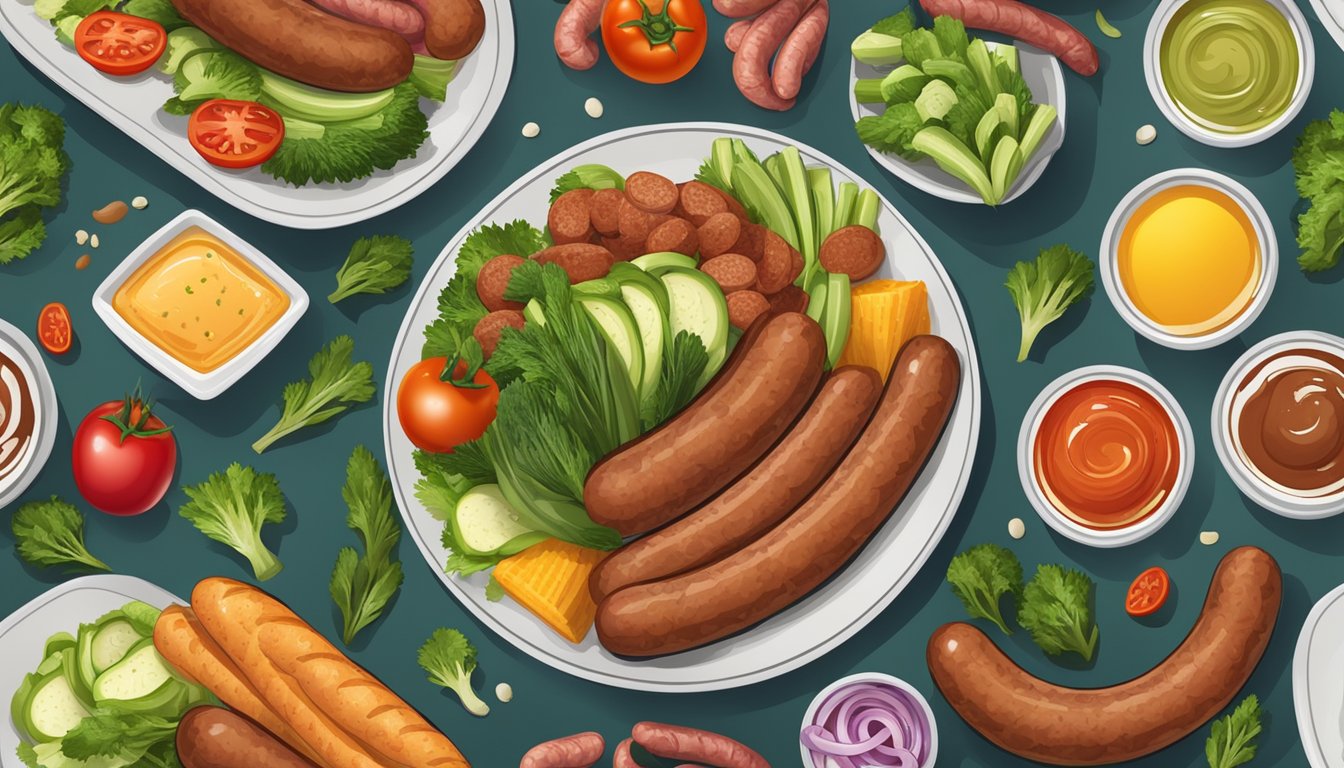 A plate of sausages with a variety of vegetables and condiments arranged around it