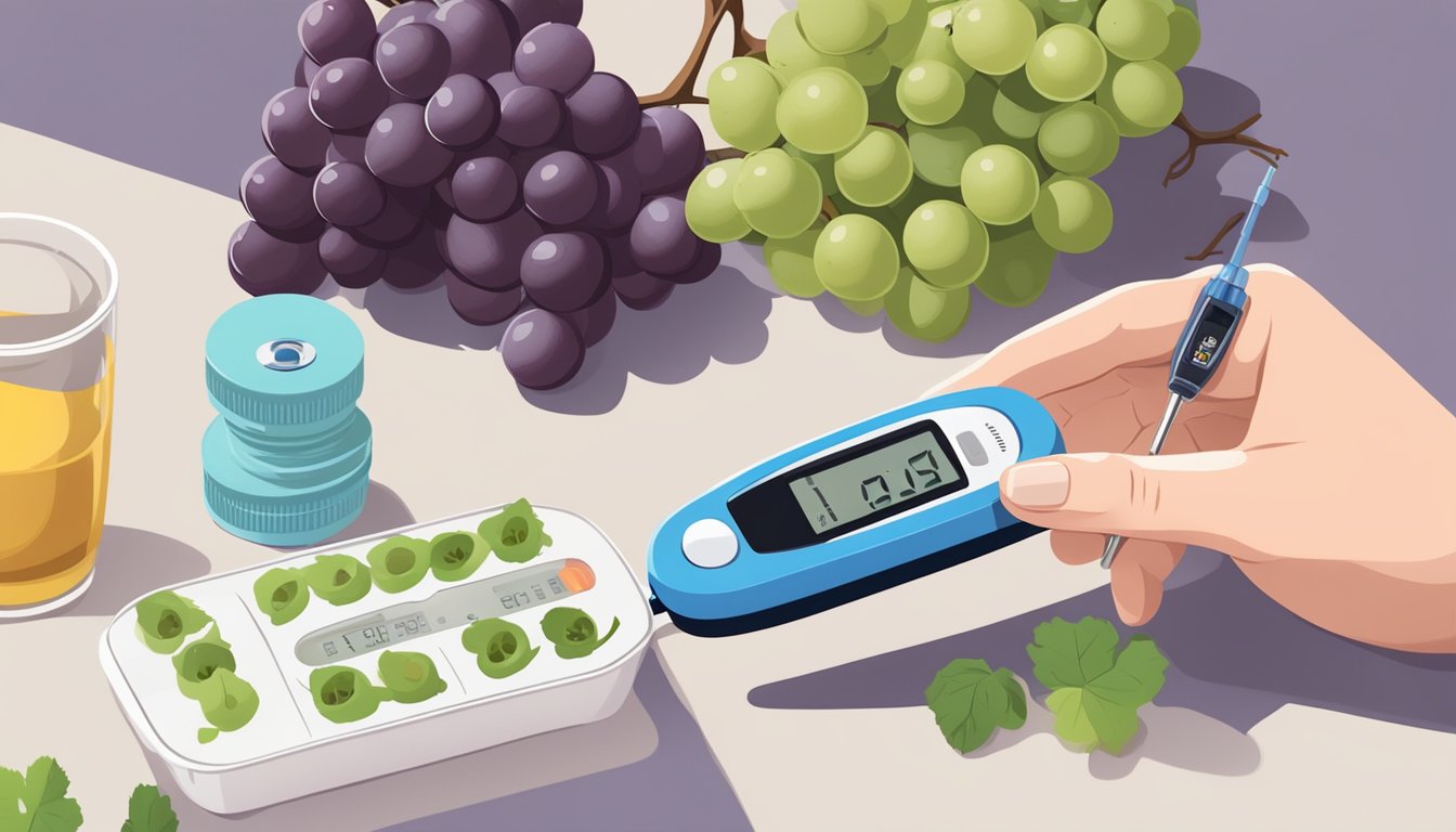 A person with diabetes holding a bunch of seeded grapes, with a glucometer and insulin nearby