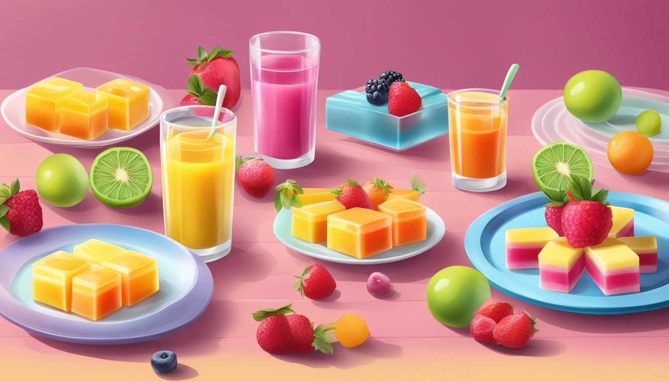 A table set with colorful sugar-free gelatin desserts, surrounded by fresh fruit and sugar substitutes