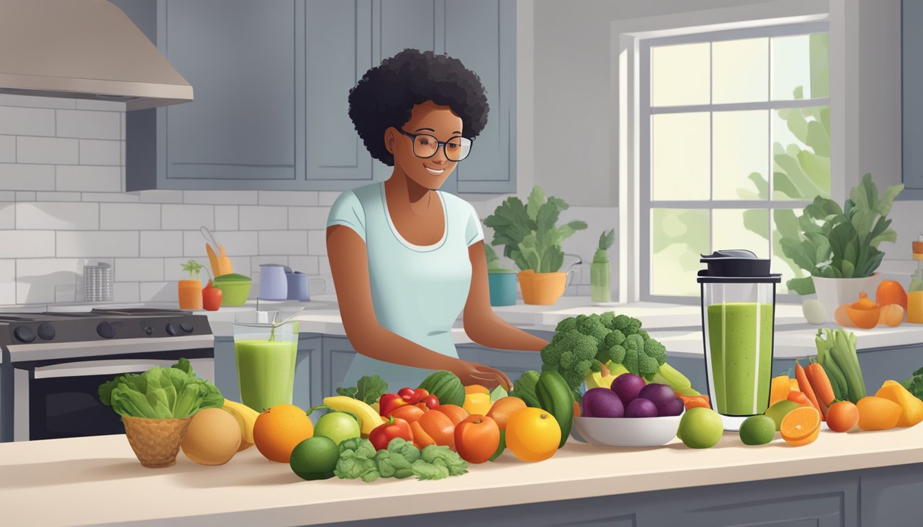 A person with diabetes enjoying a variety of fresh fruits and vegetables, a blender, and a glass of smoothie on a kitchen counter