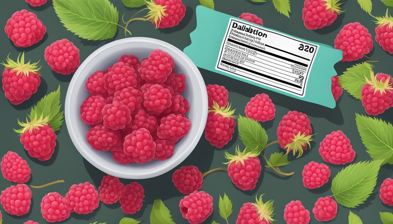 A bowl of fresh raspberries next to a nutritional label, with a diabetic-friendly symbol