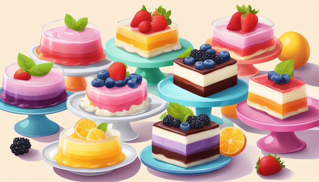 A colorful array of sugar-free gelatin desserts, adorned with fresh fruit and low-calorie whipped cream, arranged on a vibrant table setting