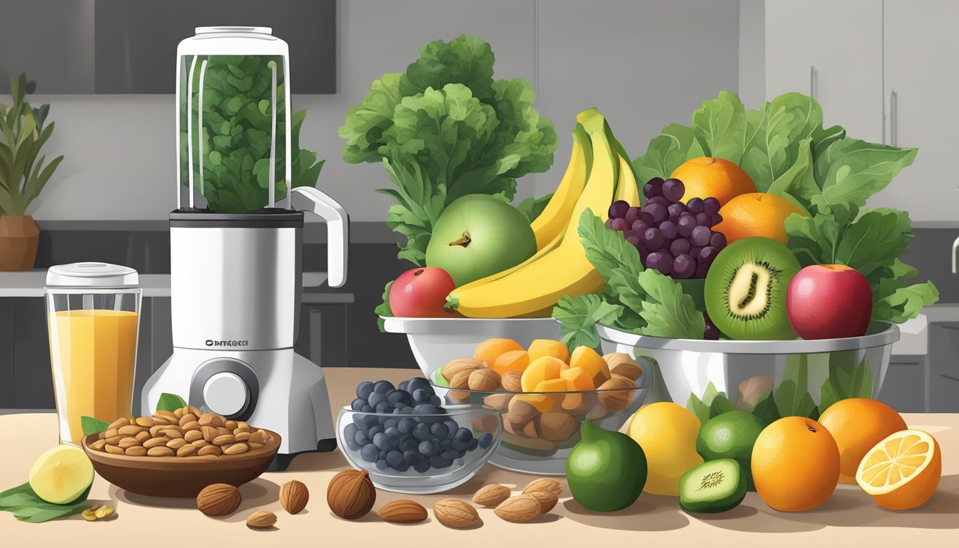 A variety of fresh fruits, leafy greens, and nuts arranged on a kitchen counter, with a blender and measuring cups nearby