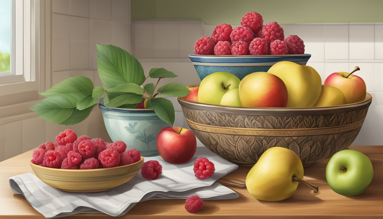 A bowl of raspberries sits next to other fruits, including apples and bananas, on a kitchen counter