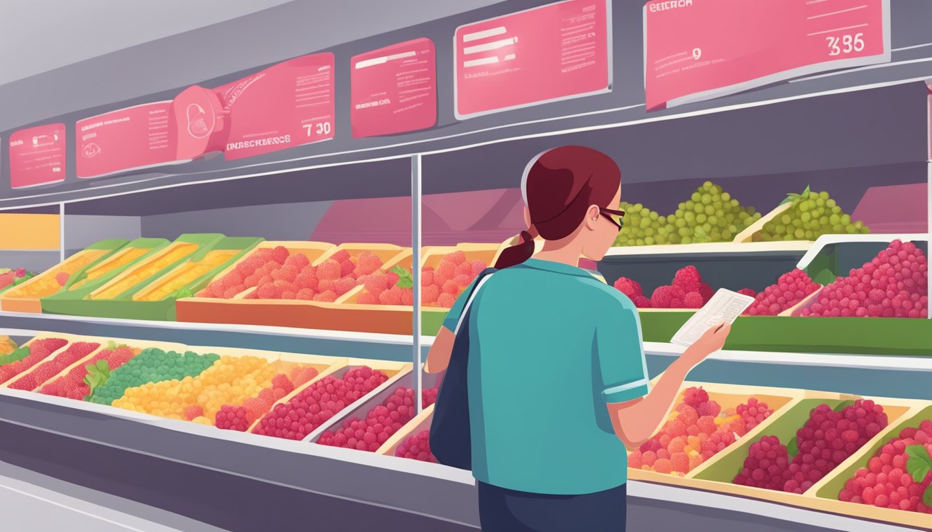 A diabetic person carefully selecting and inspecting raspberries at a grocery store, while reading the nutritional information on the packaging