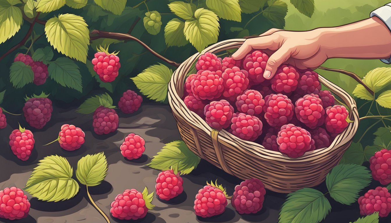 A hand reaching for a ripe raspberry from a bush, with a basket nearby for storing the freshly picked fruit