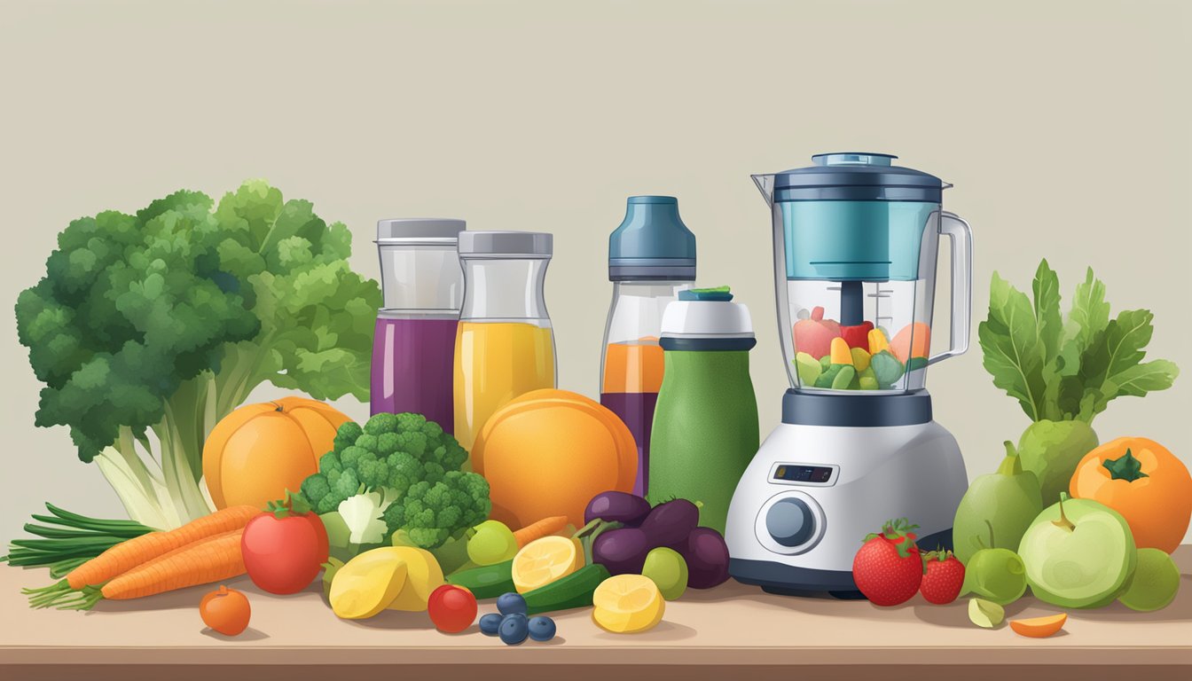 A table with various fruits, vegetables, and a blender. A bottle of insulin sits nearby