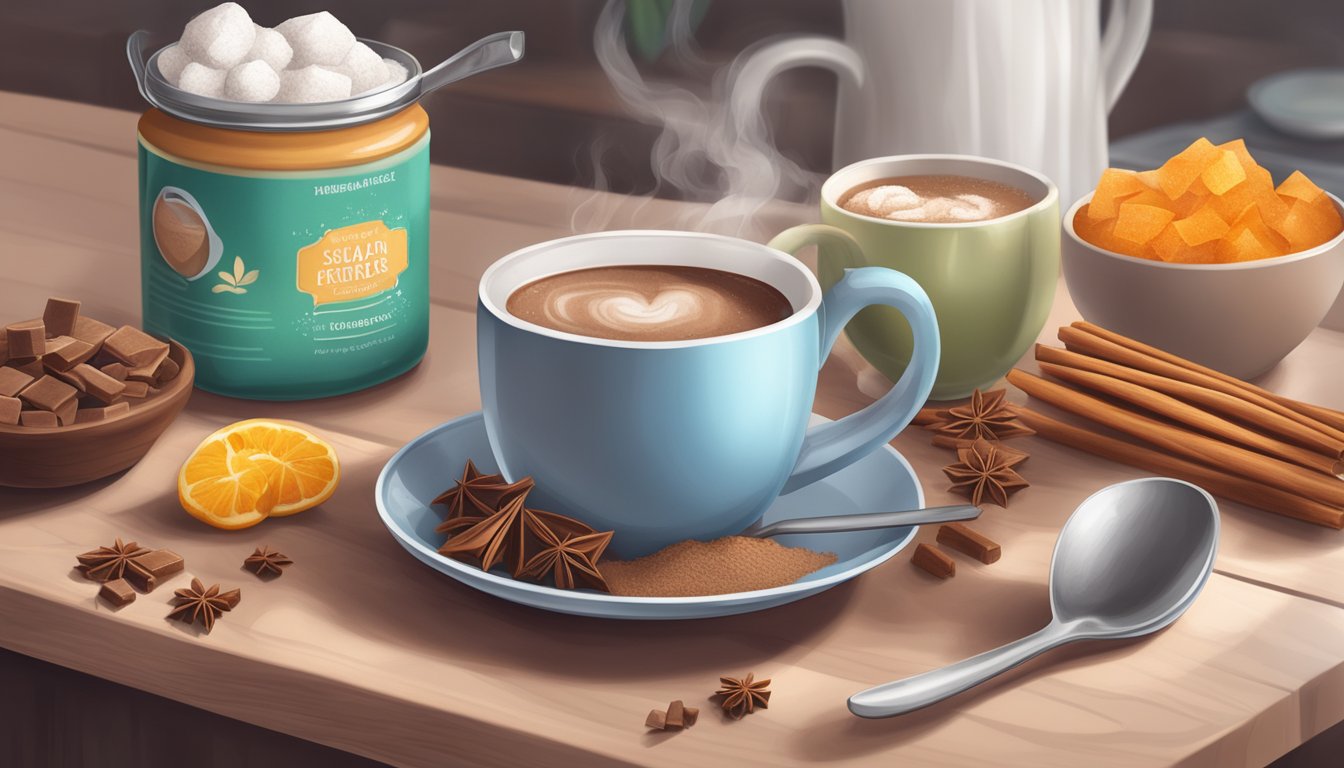 A cozy kitchen with a steaming mug of sugar-free hot cocoa surrounded by alternative sweeteners and diabetic-friendly ingredients