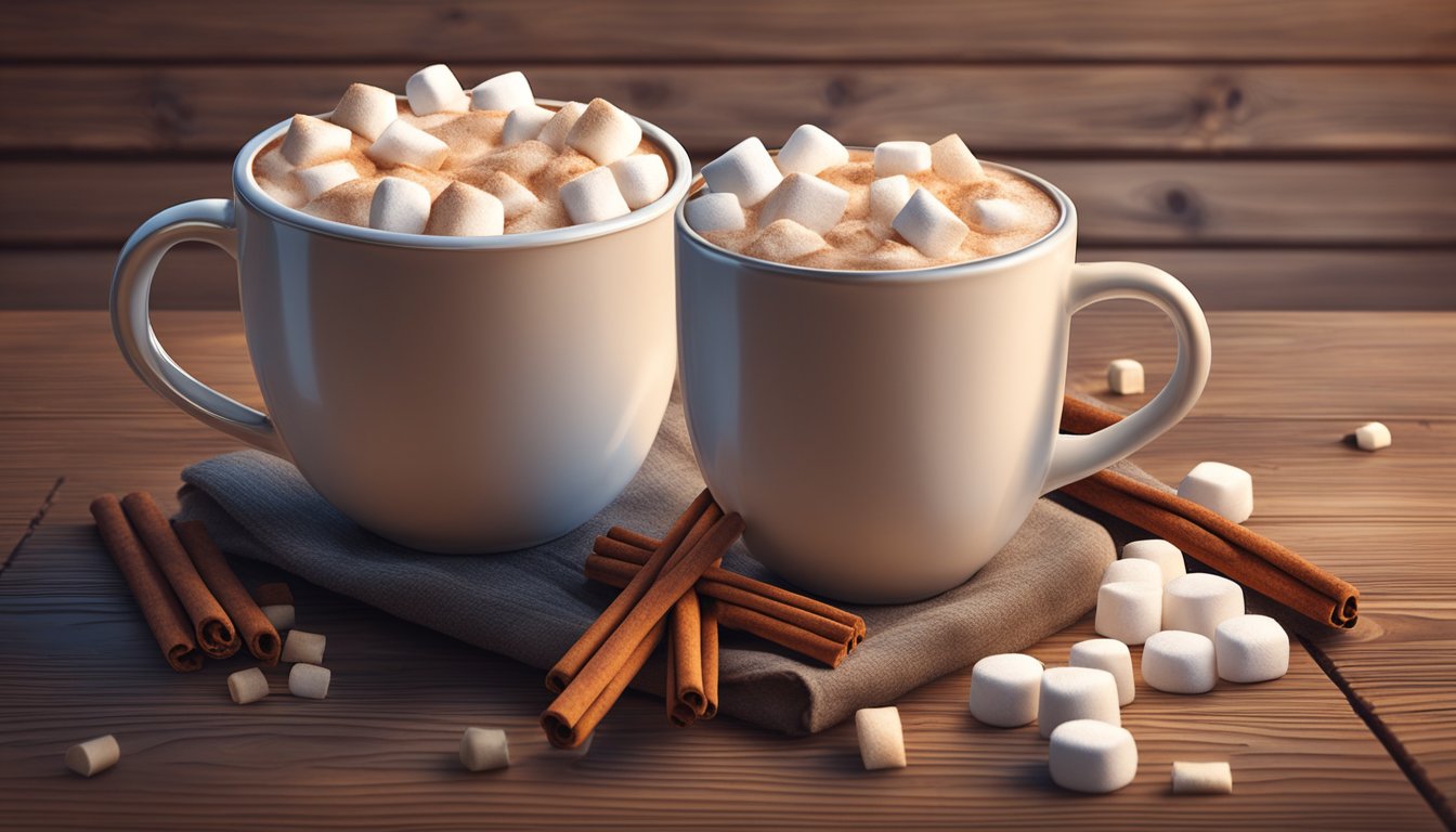 A cozy mug of sugar-free hot cocoa surrounded by marshmallows and a cinnamon stick on a rustic wooden table