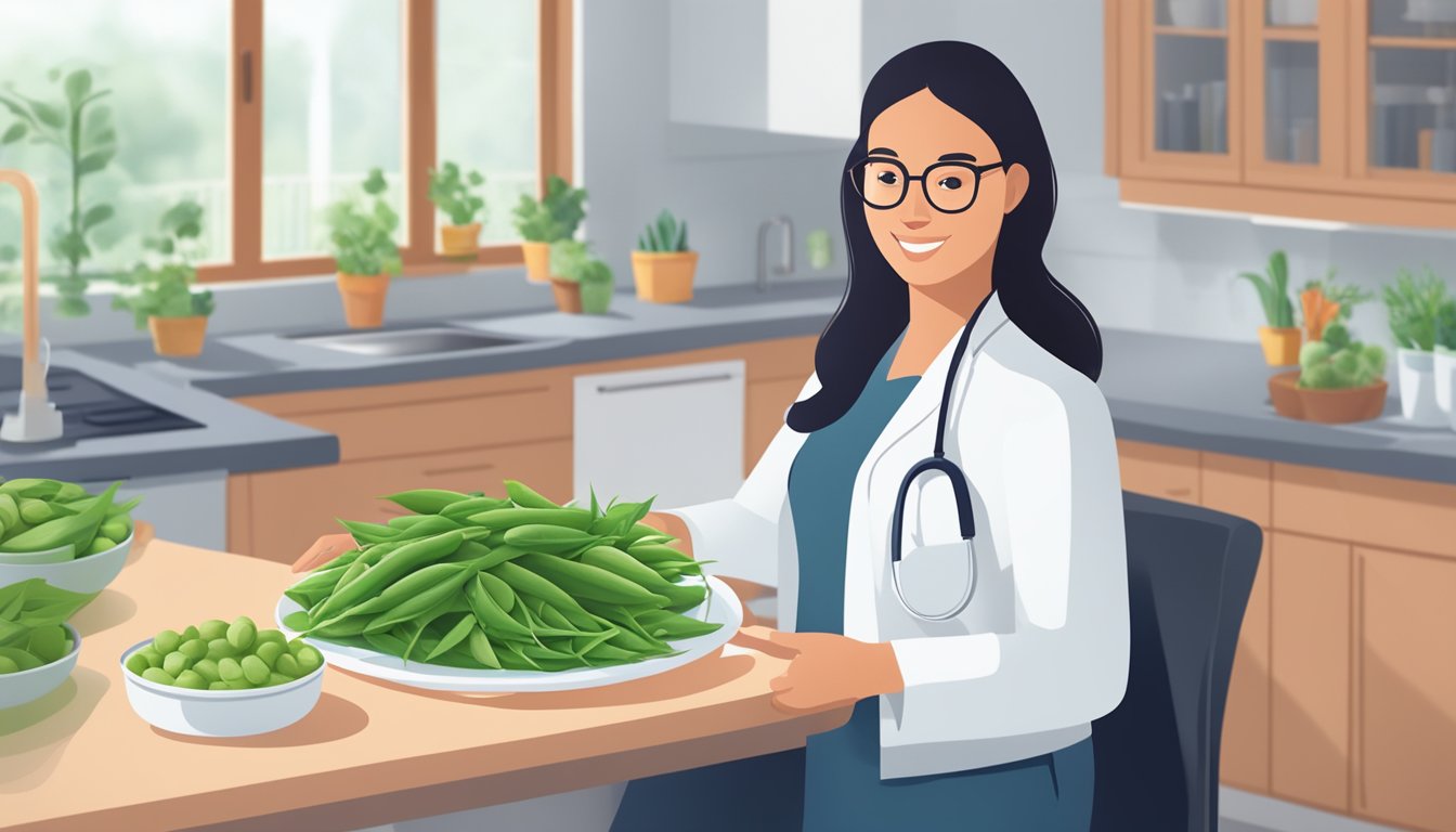 A person with diabetes holding a plate of snow peas beside a nutritionist