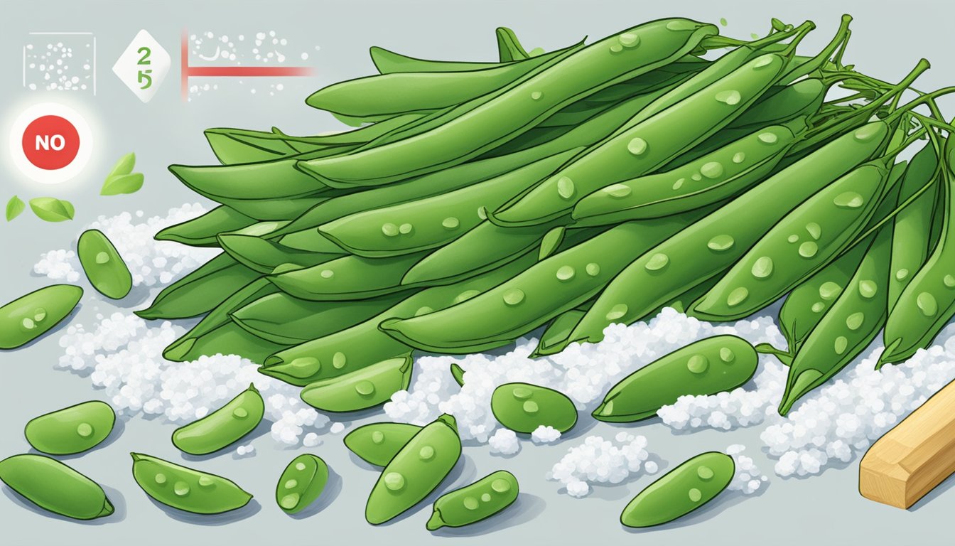 A pile of snow peas with a nutritional label, surrounded by a red circle with a line through it, indicating "no" for diabetics