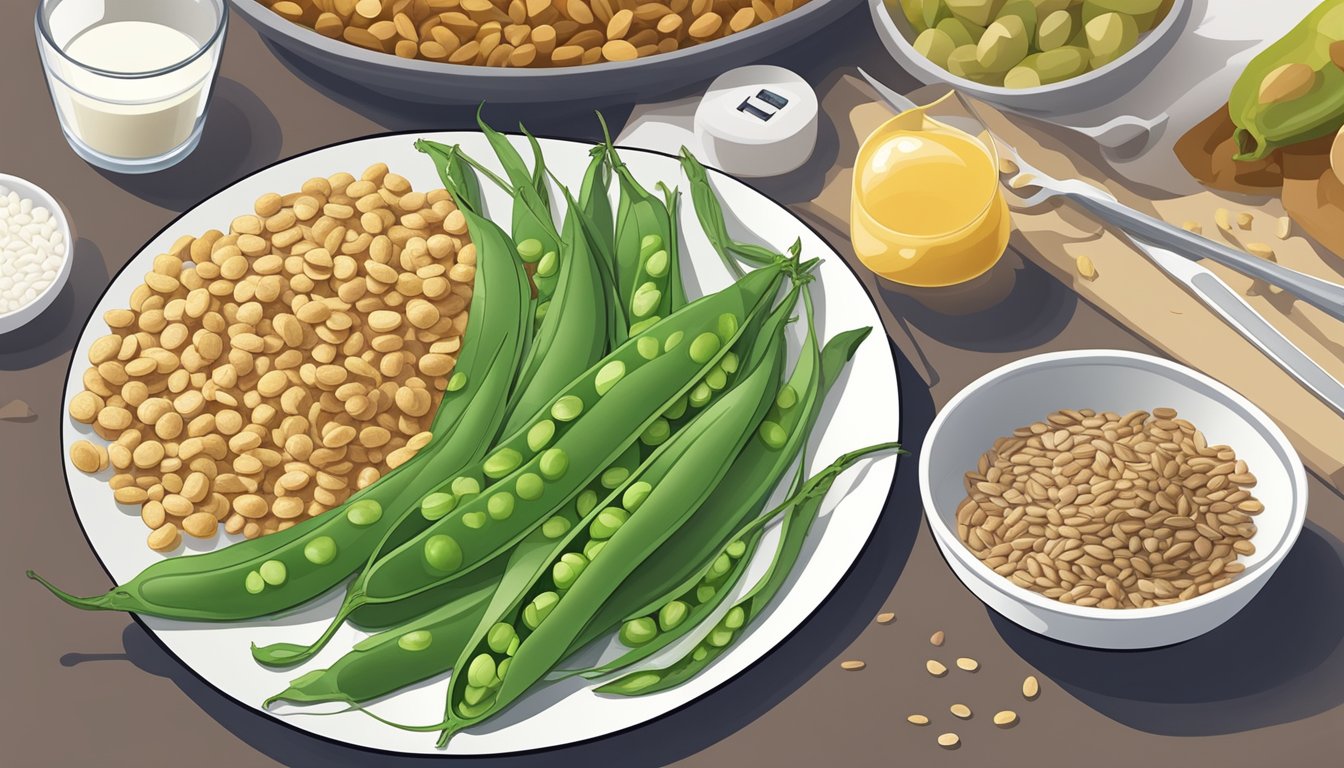 A plate of roasted snow peas, alongside other diabetic-friendly foods like lean protein and whole grains, with a blood glucose monitor nearby