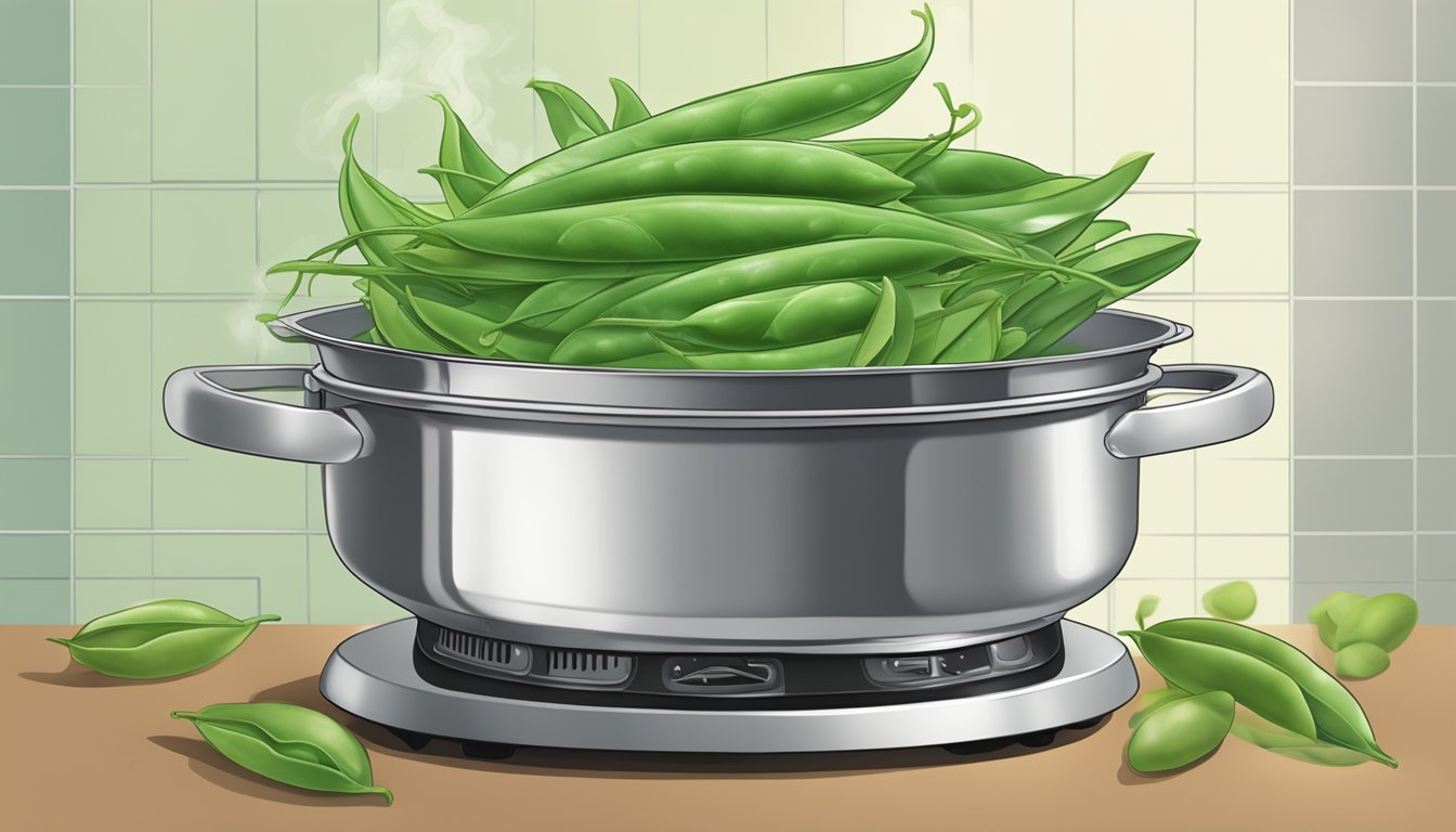 Snow peas being steamed in a metal steamer over a pot of boiling water