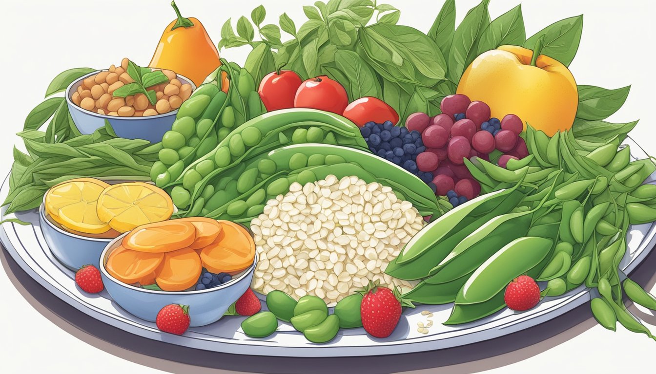 A plate of snow peas surrounded by a variety of foods, including fruits, vegetables, and grains. A diabetic person is shown enjoying a meal with snow peas as part of a balanced diet