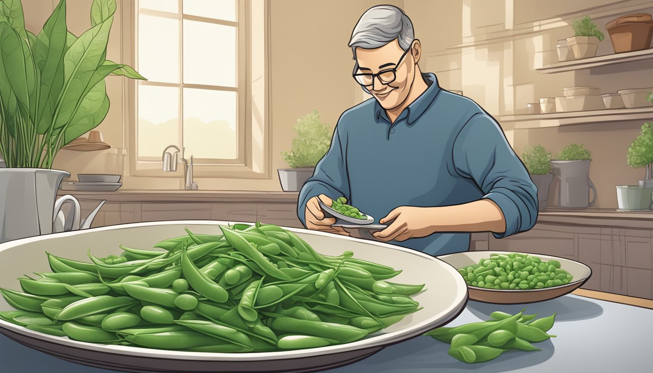 A diabetic person enjoying a plate of fresh snow peas as a healthy snack option