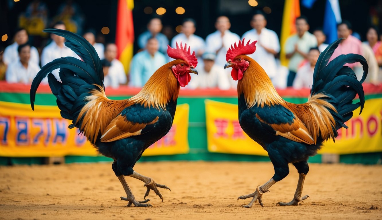 Dua ayam jantan berhadapan di arena sabung ayam tradisional Indonesia, dikelilingi oleh penonton yang bersorak dan spanduk berwarna-warni