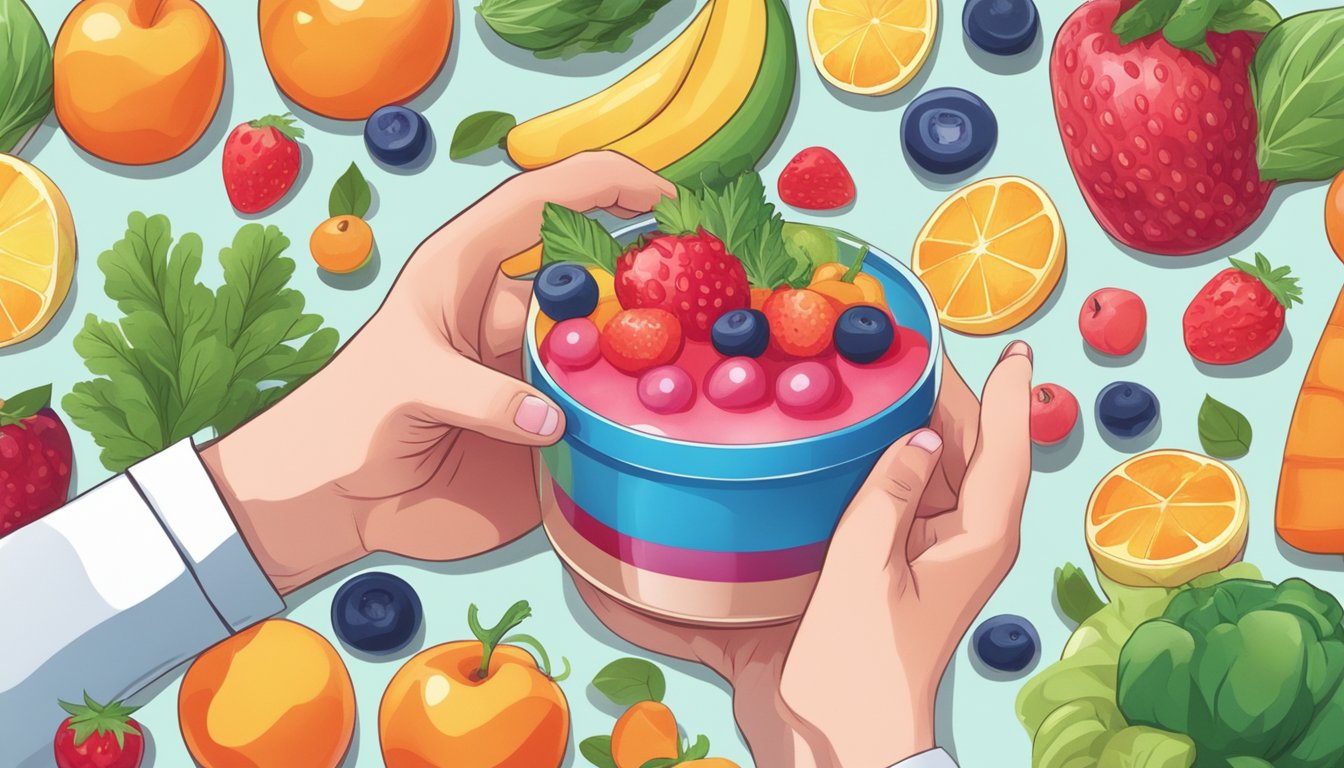 A person with diabetes holding a sugar-free jello cup, surrounded by fruits and vegetables