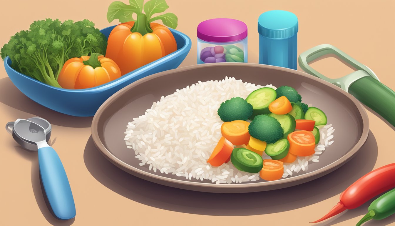 A plate of colorful vegetables and a portion of rice, with a measuring cup and a diabetes monitoring kit nearby