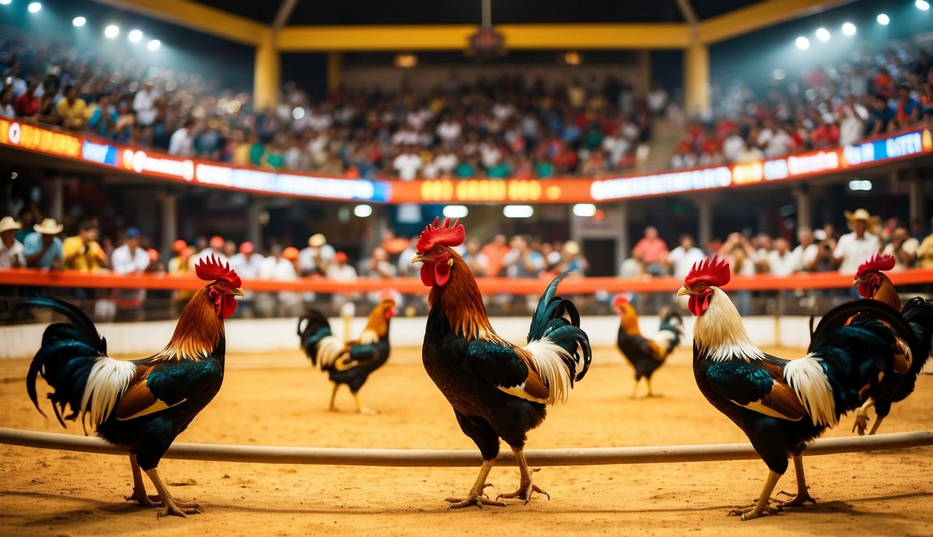 Sebuah arena sabung ayam yang ramai dengan penonton yang bersorak dan ayam jantan berwarna-warni di ring tengah