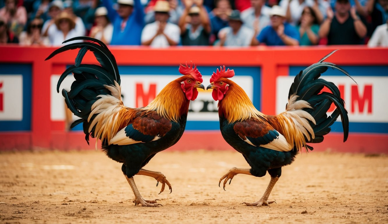 Sebuah arena sabung ayam yang meriah dengan penonton yang bersorak dan dua ayam jantan yang garang terlibat dalam pertarungan