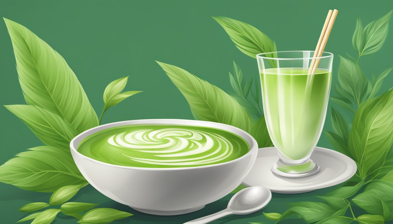 A steaming cup of matcha latte with sugar-free ingredients, surrounded by vibrant green matcha leaves and a decorative bamboo whisk