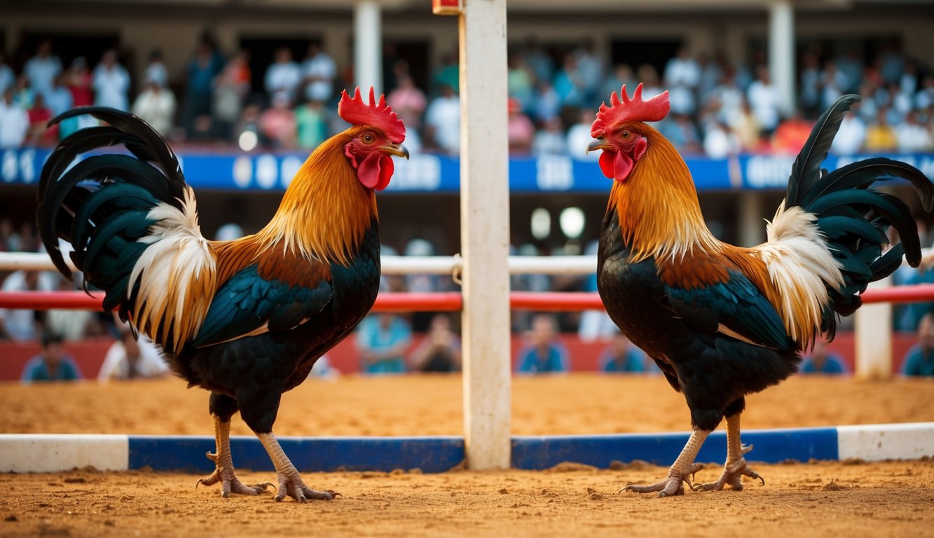 Dua ayam jantan berhadapan di arena sabung ayam tradisional, dikelilingi oleh kerumunan penonton dan sebuah tempat taruhan