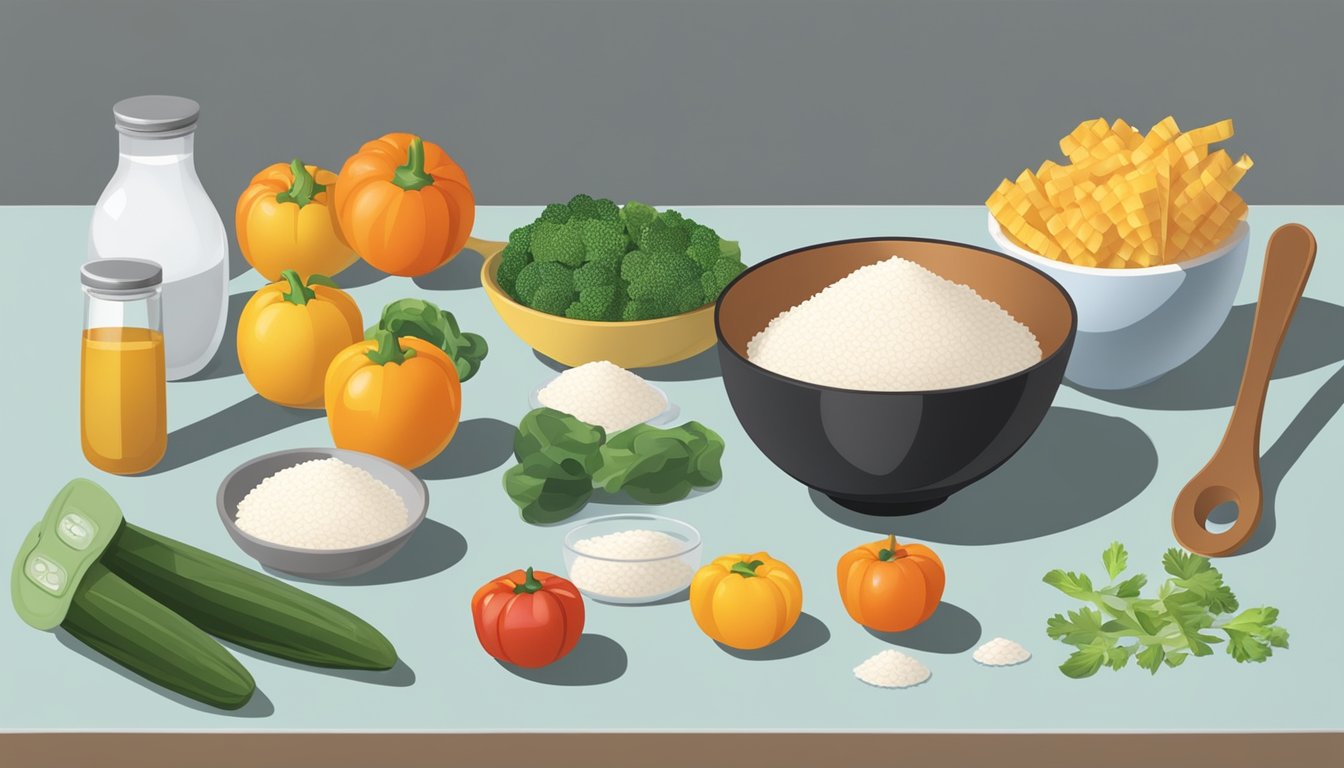 A kitchen counter with measuring cups and spoons, a bag of rice, and a bowl of vegetables