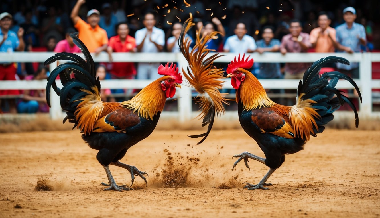 Sebuah arena yang ramai dengan penonton yang bersorak, dua ayam jantan berhadapan dalam pertarungan sengit, bulu-bulu beterbangan saat mereka bertabrakan dalam pertandingan sabung ayam tradisional