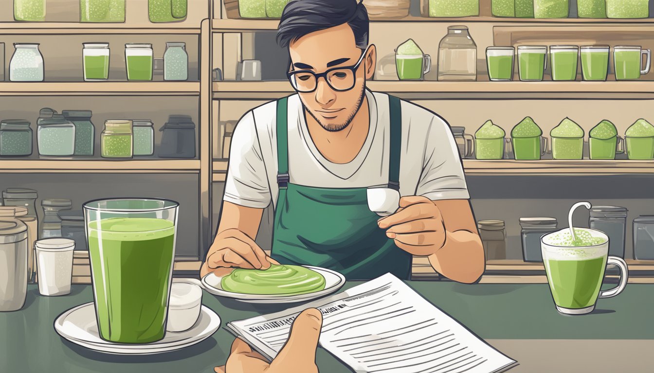 A person with diabetes cautiously examines a sugar-free matcha latte, reading the nutritional information and considering potential risks before taking a sip