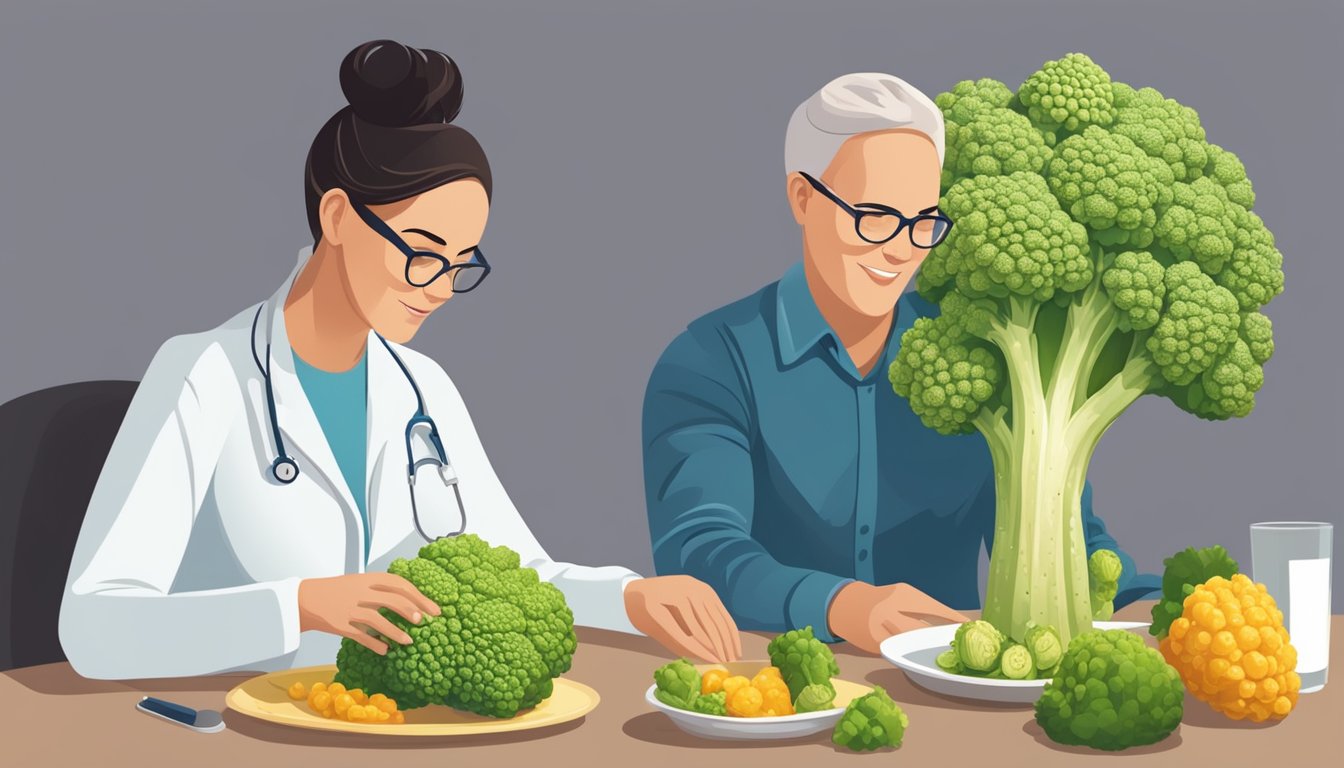 A person with diabetes sits at a table with a plate of romanesco and a nutritionist discussing dietary needs