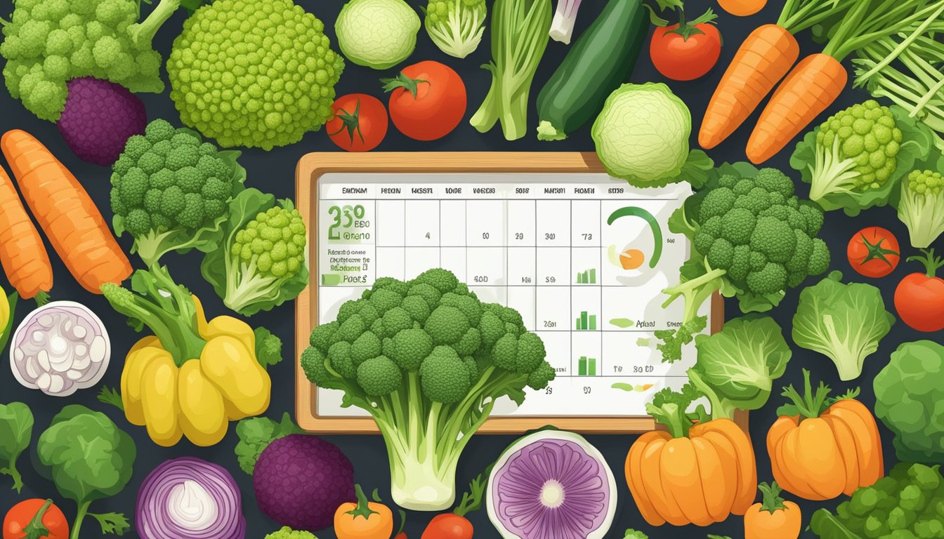 A colorful display of romanesco surrounded by a variety of fresh vegetables, with a nutritional chart highlighting its benefits for diabetics