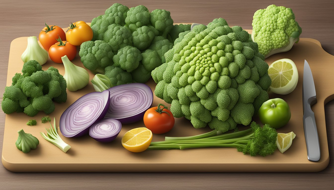 A Romanesco sits on a cutting board surrounded by fresh vegetables and a diabetic meal plan